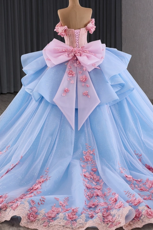 Vestido de Quinceañera Azul Marino con Lentejuelas, Apliques de Cuentas, Brillos y Escote Bardot YQ1055