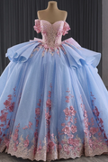 Off Shoulder Sleeveless Beaded 3D Flower Appliques Ruffles Bow Knot Quinceañera Dress YQ1178