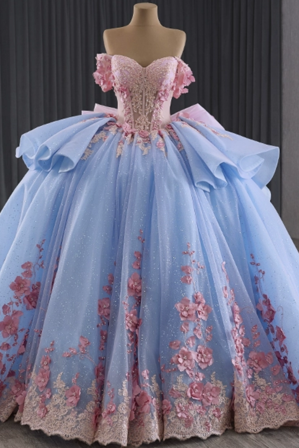 Off Shoulder Sleeveless Beaded 3D Flower Appliques Ruffles Bow Knot Quinceañera Dress YQ1178