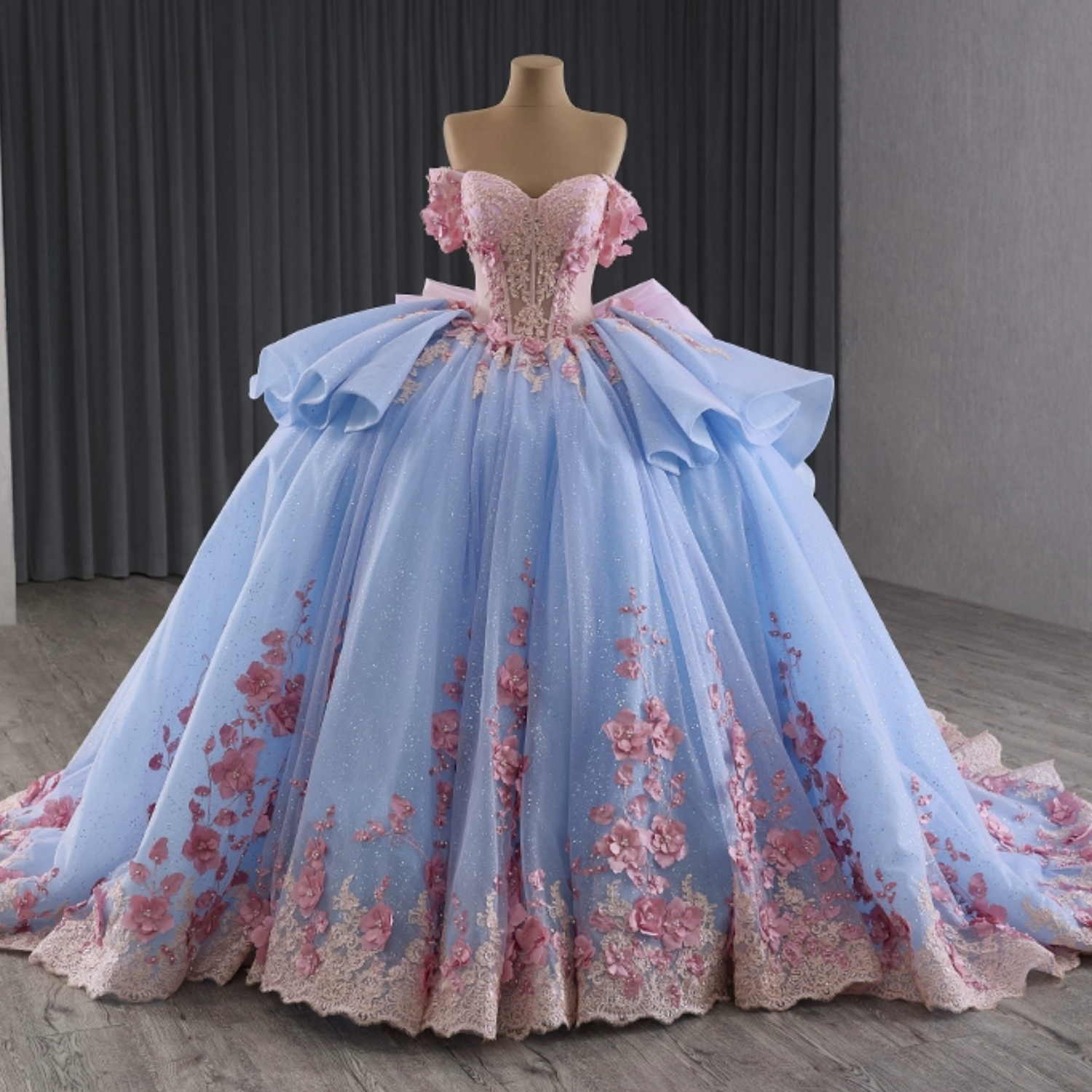 Off Shoulder Sleeveless Beaded 3D Flower Appliques Ruffles Bow Knot Quinceañera Dress YQ1178