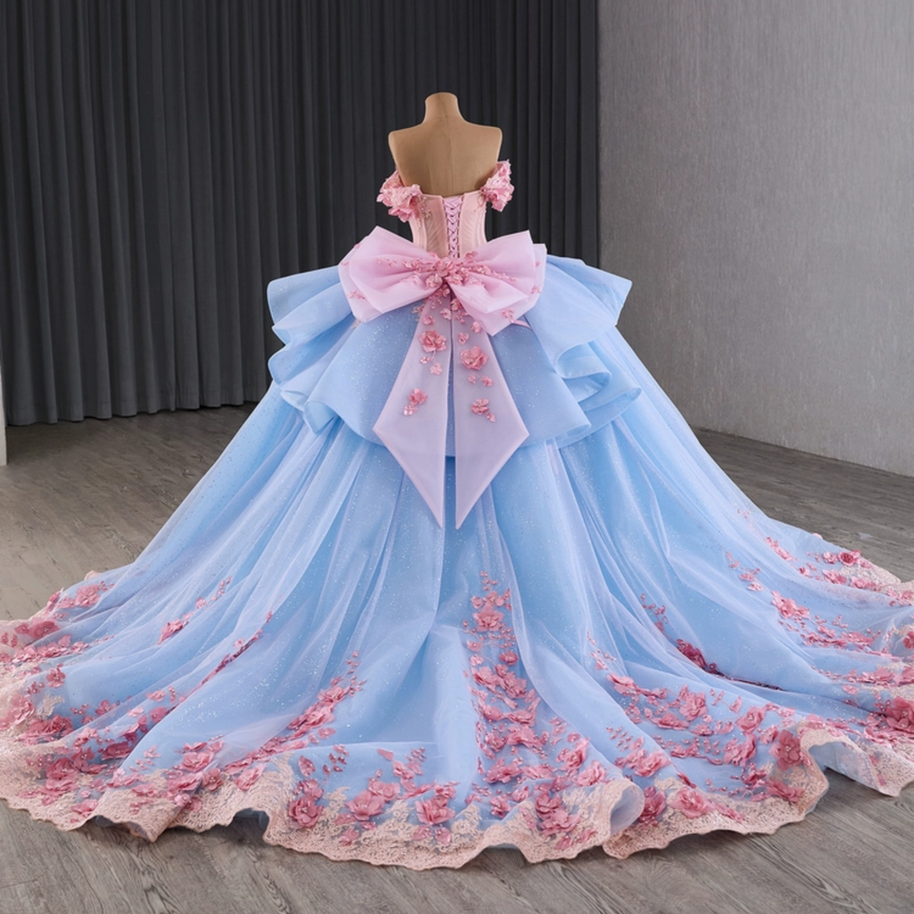 Off Shoulder Sleeveless Beaded 3D Flower Appliques Ruffles Bow Knot Quinceañera Dress YQ1178
