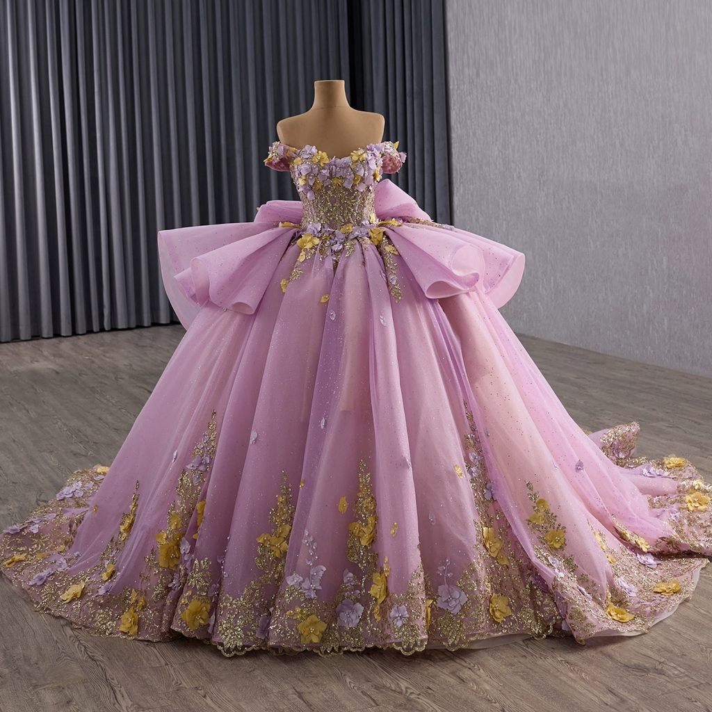 Off Shoulder Sleeveless Beaded 3D Flower Appliques Ruffles Bow Knot Quinceañera Dress YQ1178
