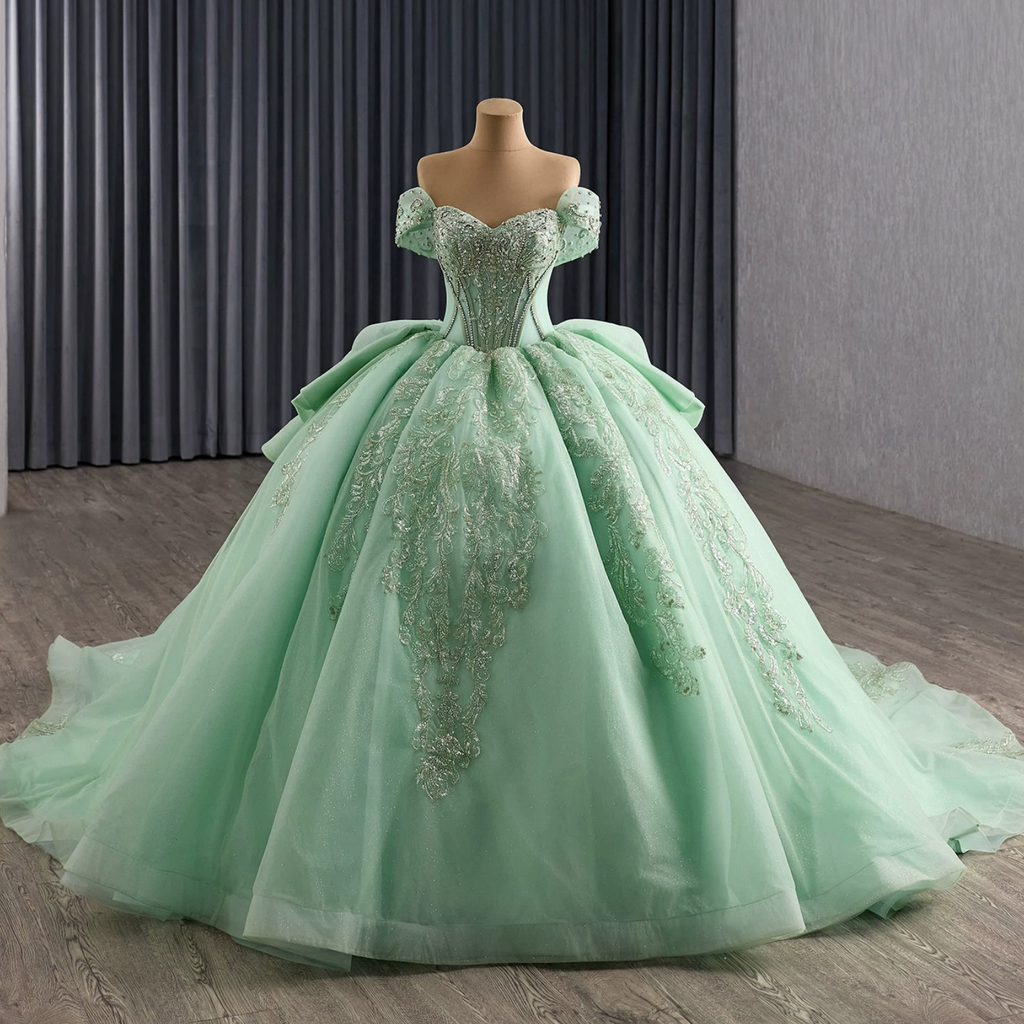 Off Shoulder Sleeveless Beaded Appliques Ruffles Bow Knot Green Quinceañera Dress YQ1179