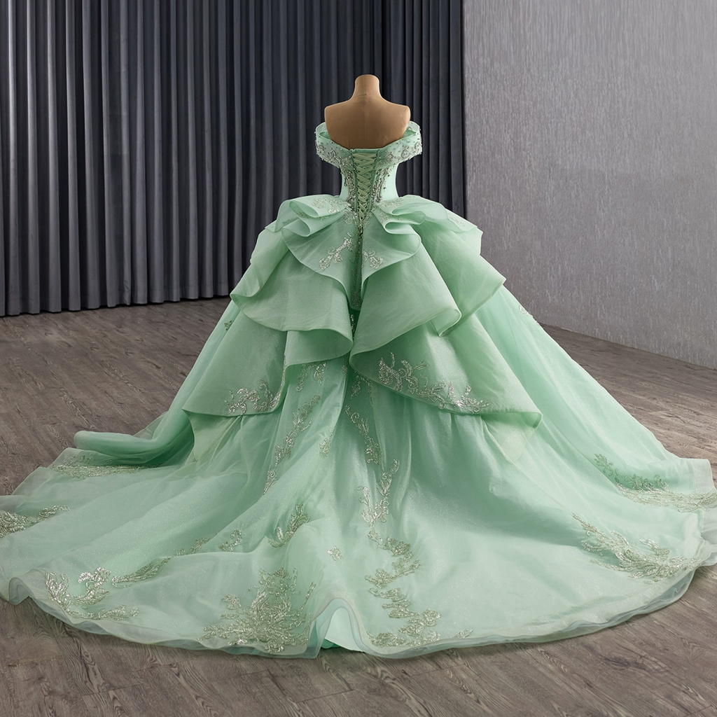 Off Shoulder Sleeveless Beaded Appliques Ruffles Bow Knot Green Quinceañera Dress YQ1179