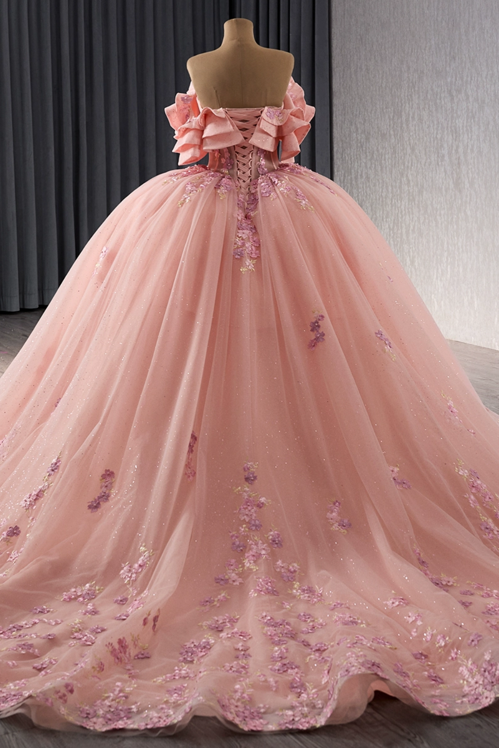 Off Shoulder Sleeveless Beaded Sequins Appliques Ruffles Pink Quinceañera Dress YQ1180