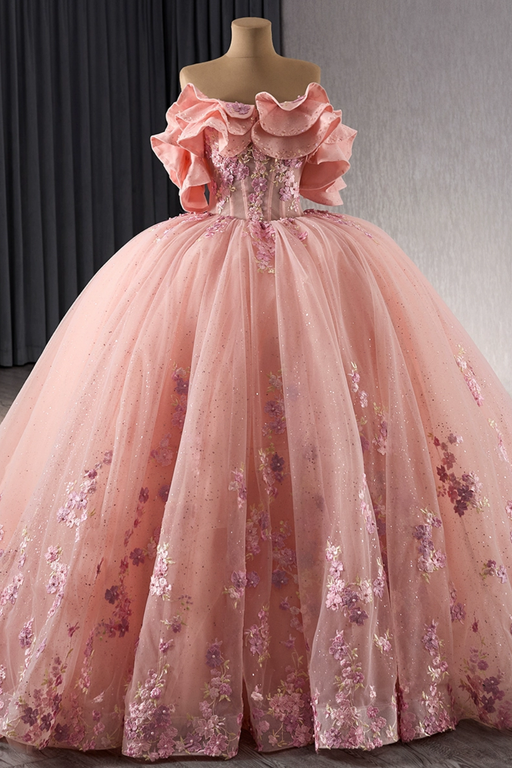 Off Shoulder Sleeveless Beaded Sequins Appliques Ruffles Pink Quinceañera Dress YQ1180