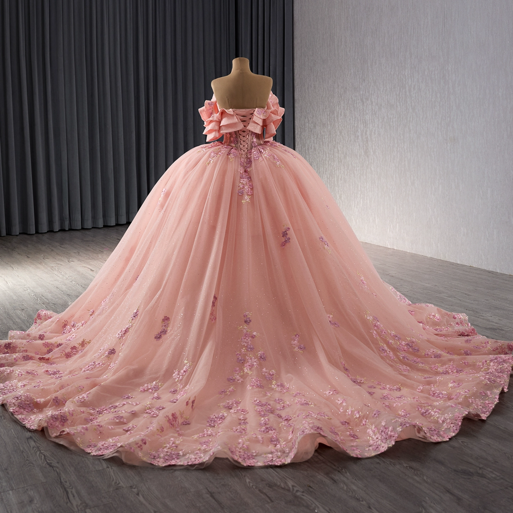 Off Shoulder Sleeveless Beaded Sequins Appliques Ruffles Pink Quinceañera Dress YQ1180