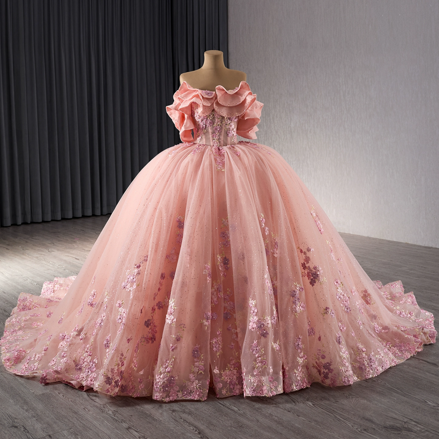 Off Shoulder Sleeveless Beaded Sequins Appliques Ruffles Pink Quinceañera Dress YQ1180