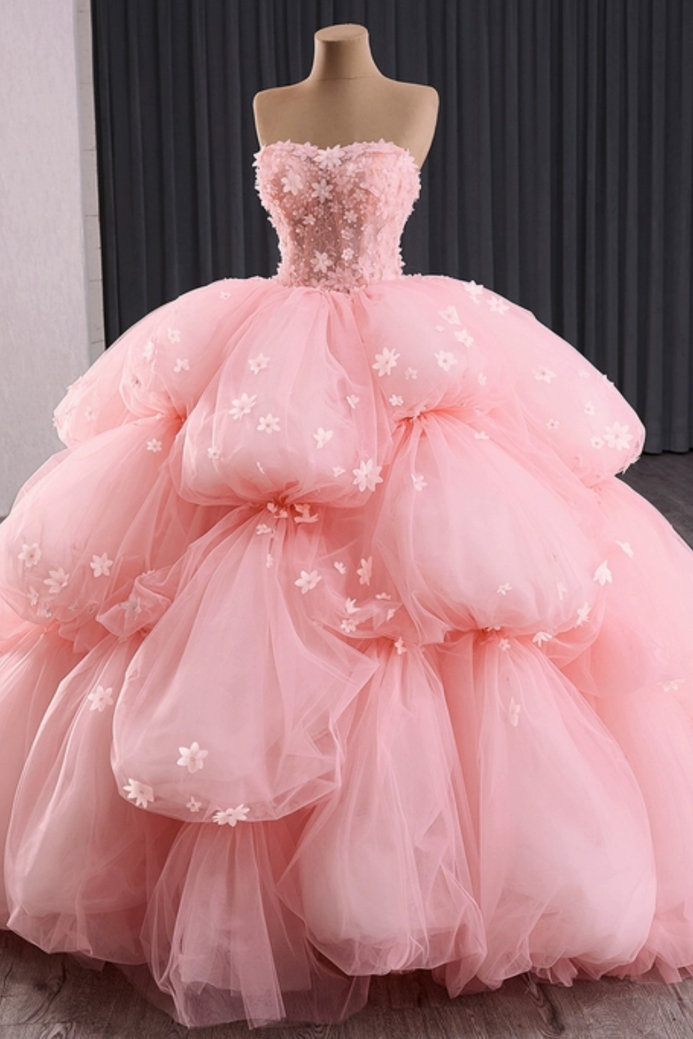 Strapless Sleeveless 3D Flower Appliques Ruched Pink Quinceañera Dress YQ1181