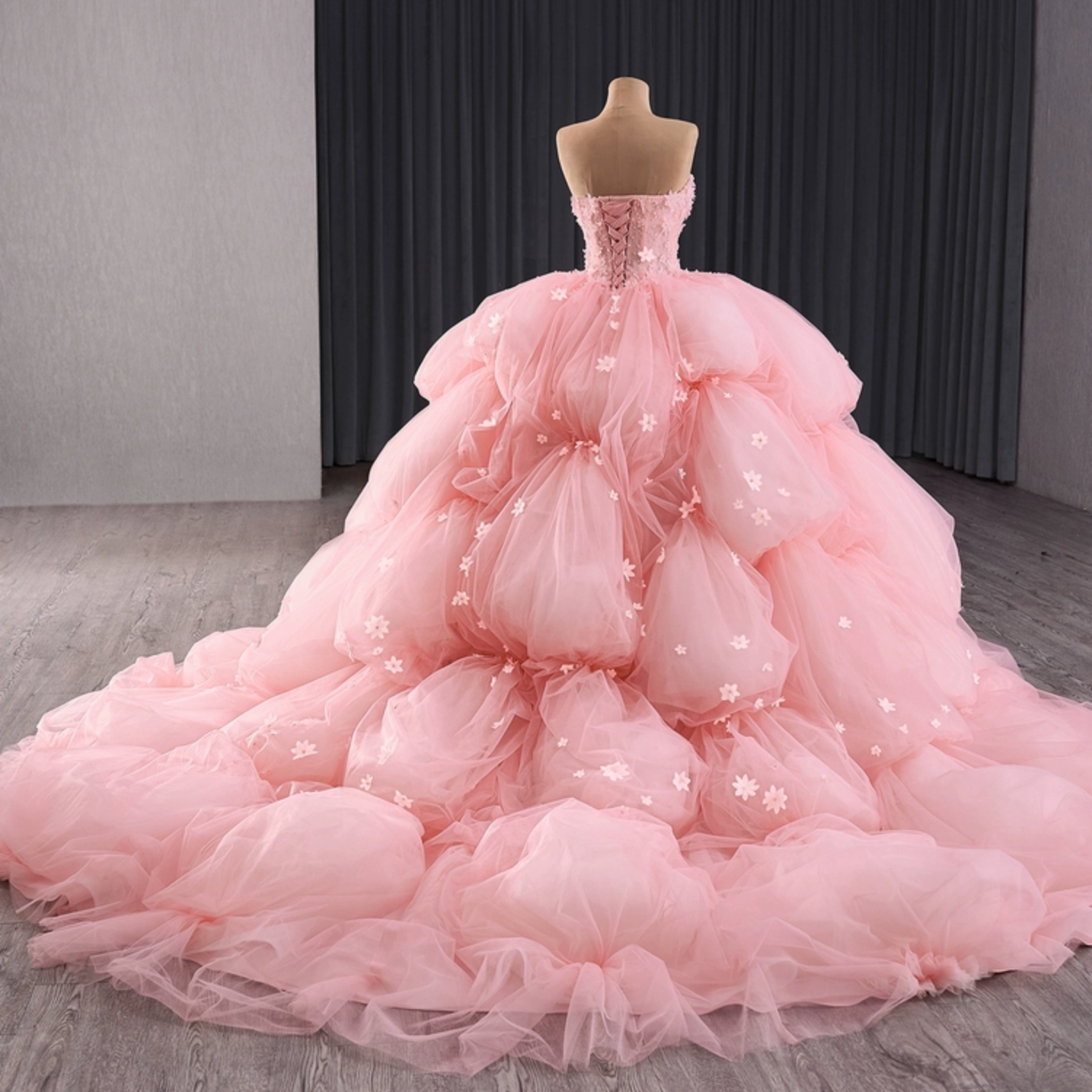 Strapless Sleeveless 3D Flower Appliques Ruched Pink Quinceañera Dress YQ1181