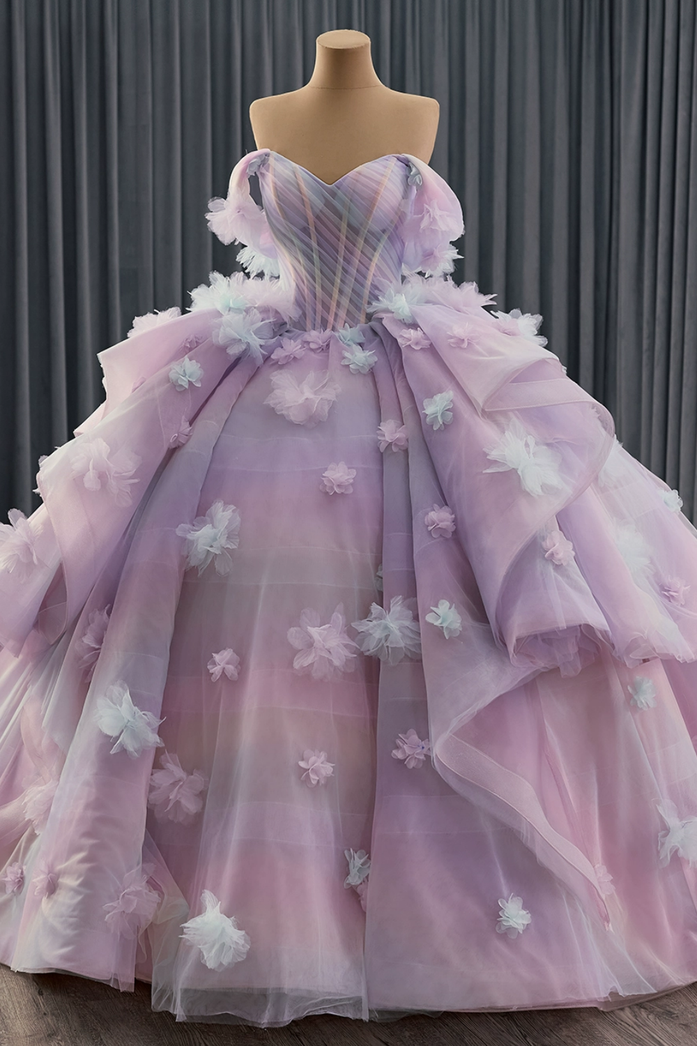 Off Shoulder Sleeveless 3D Flower Ruffles Lilac Quinceañera Dress YQ1182