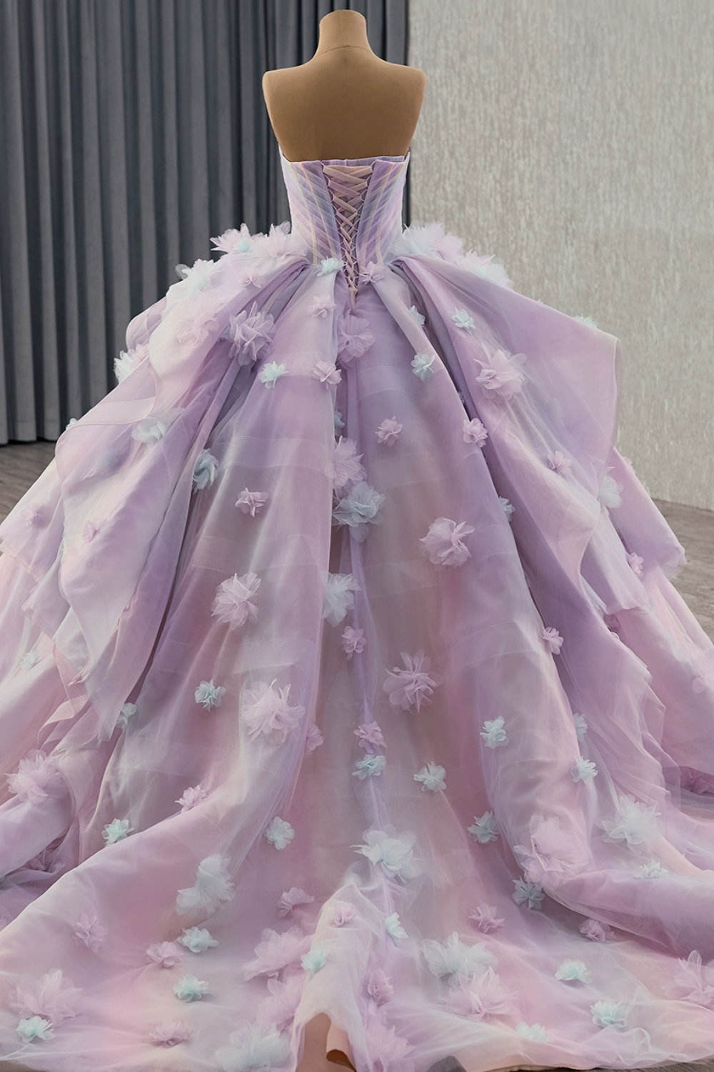 Off Shoulder Sleeveless 3D Flower Ruffles Lilac Quinceañera Dress YQ1182
