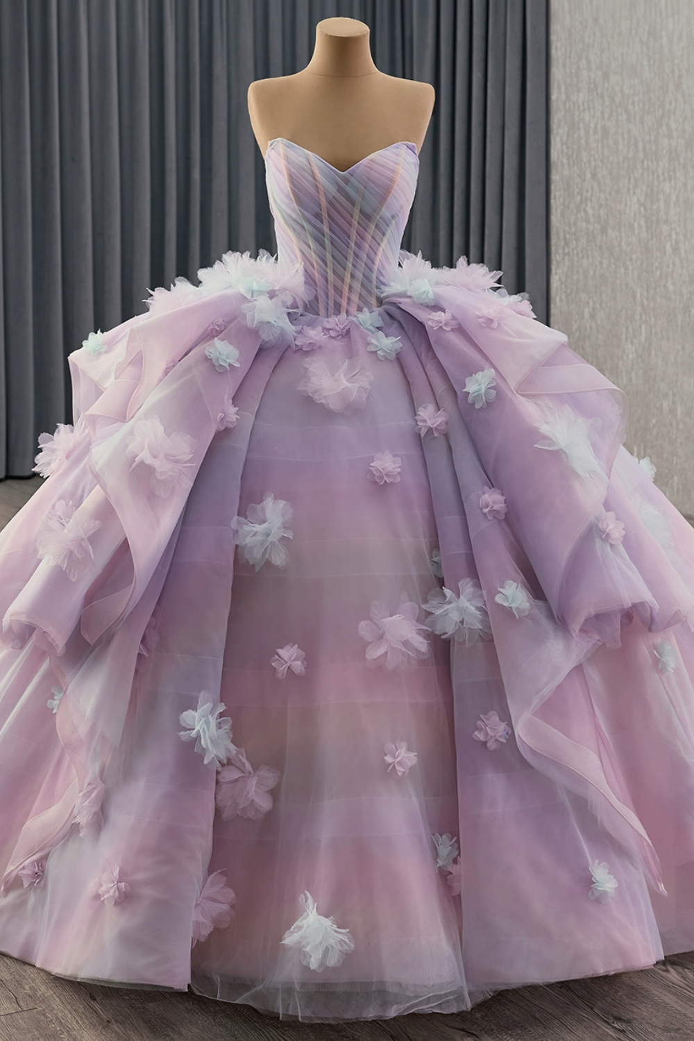 Off Shoulder Sleeveless 3D Flower Ruffles Lilac Quinceañera Dress YQ1182