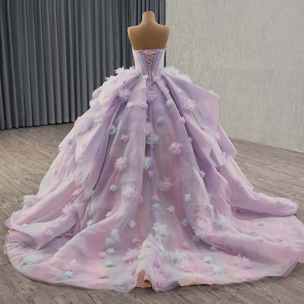 Off Shoulder Sleeveless 3D Flower Ruffles Lilac Quinceañera Dress YQ1182