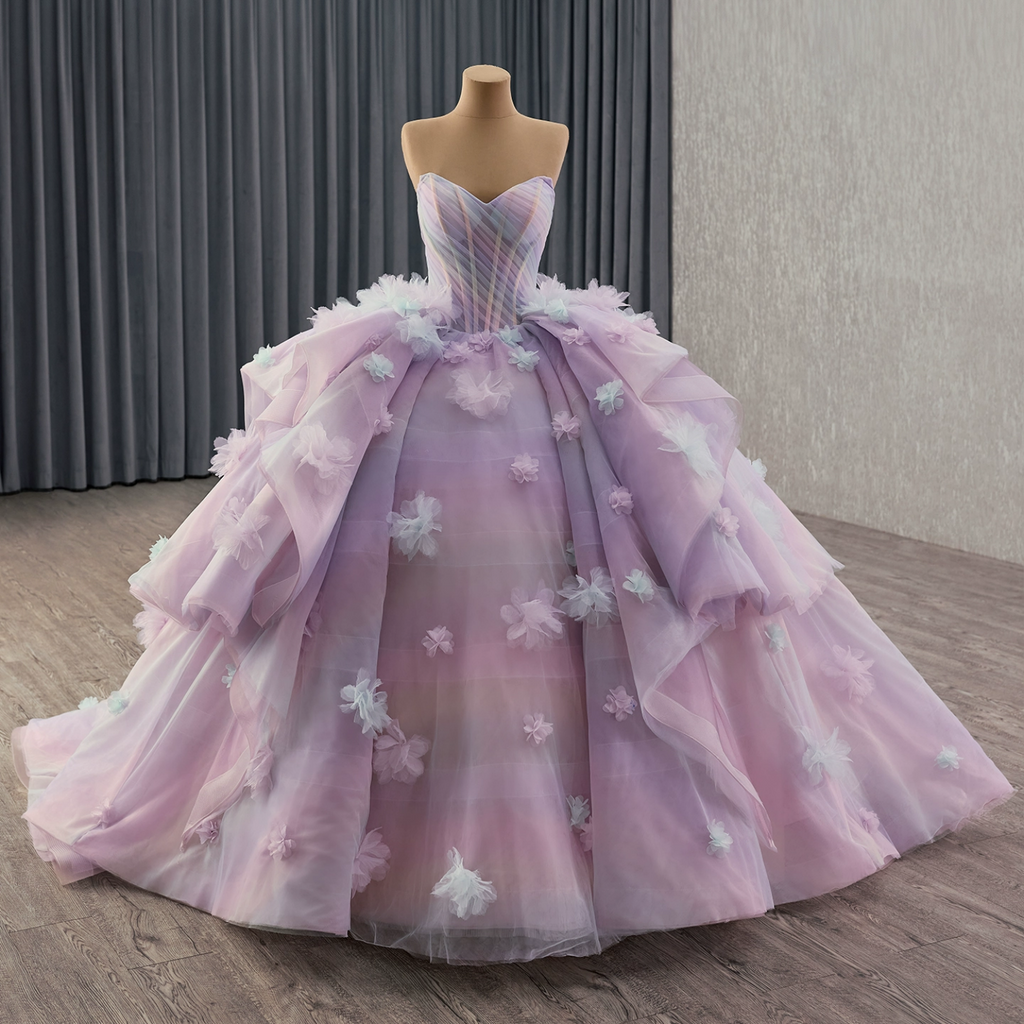 Off Shoulder Sleeveless 3D Flower Ruffles Lilac Quinceañera Dress YQ1182