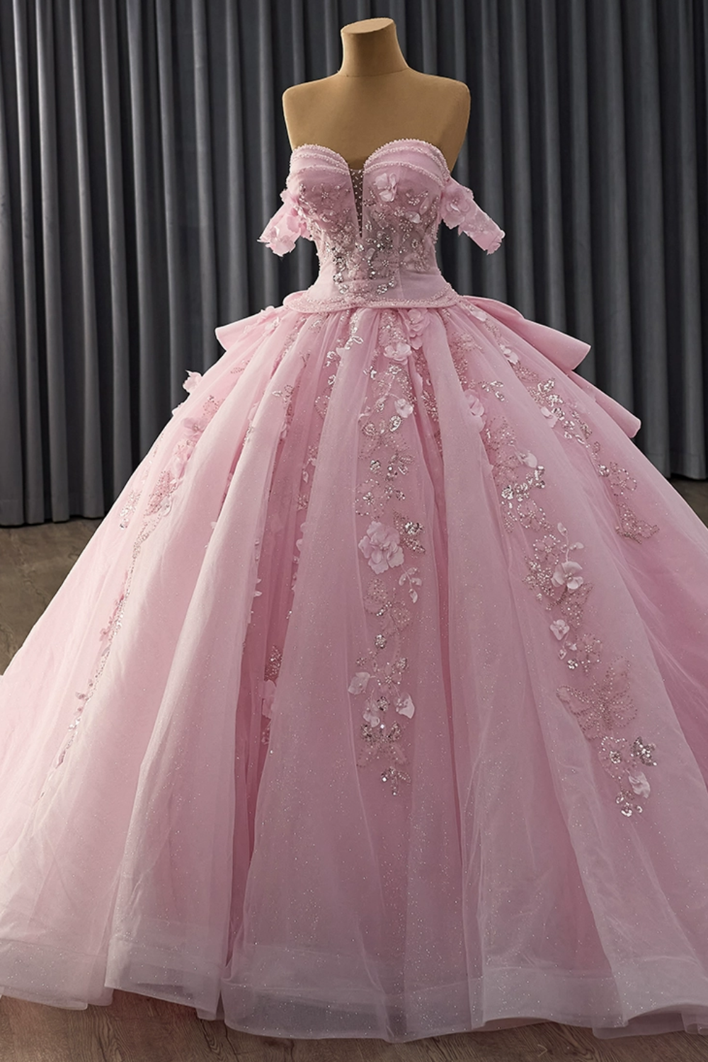 Off Shoulder Sleeveless Beaded Sequins 3D Flower Appliques Ruffles Pink Quinceañera Dress YQ1183