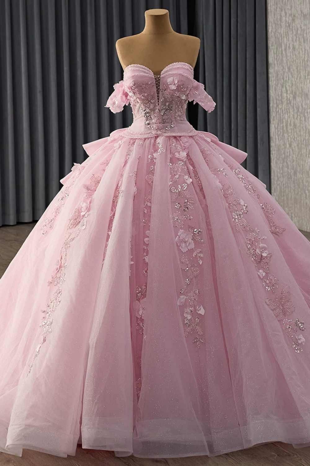 Off Shoulder Sleeveless Beaded Sequins 3D Flower Appliques Ruffles Pink Quinceañera Dress YQ1183