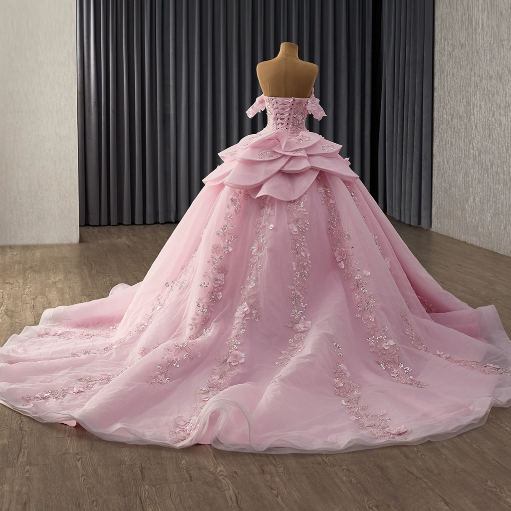 Off Shoulder Sleeveless Beaded Sequins 3D Flower Appliques Ruffles Pink Quinceañera Dress YQ1183
