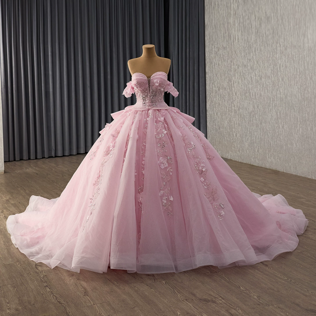 Off Shoulder Sleeveless Beaded Sequins 3D Flower Appliques Ruffles Pink Quinceañera Dress YQ1183