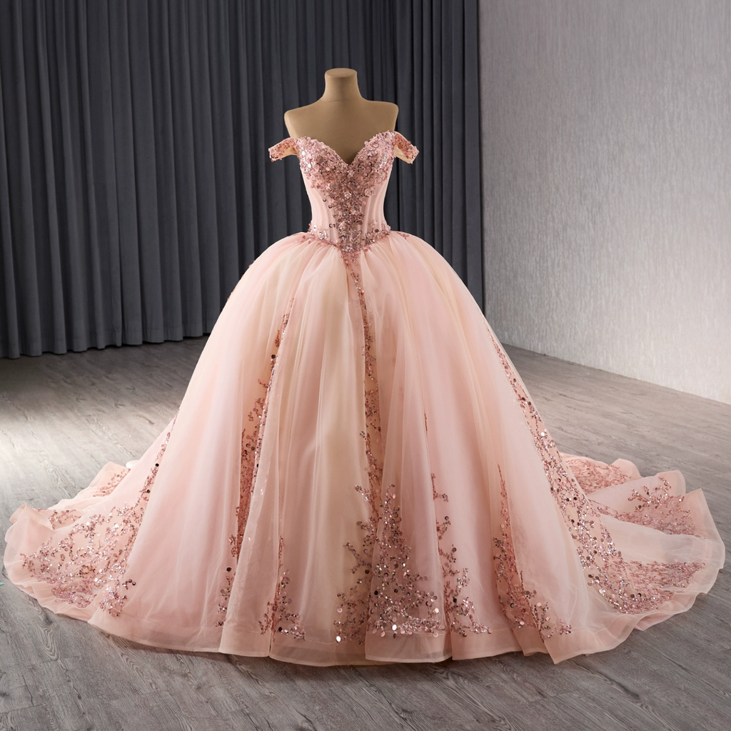Vestido de Quinceañera Azul Marino con Lentejuelas, Apliques de Cuentas, Brillos y Escote Bardot YQ1055
