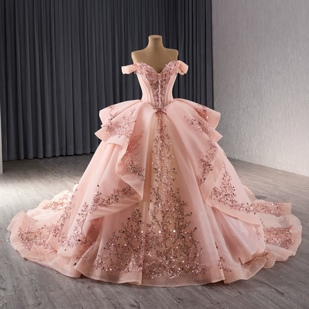 Vestido de Quinceañera Azul Marino con Lentejuelas, Apliques de Cuentas, Brillos y Escote Bardot YQ1055