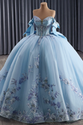 Off Shoulder Sleeveless Beaded Sequins Appliques Bow Knot Blue Quinceañera Dress YQ1185