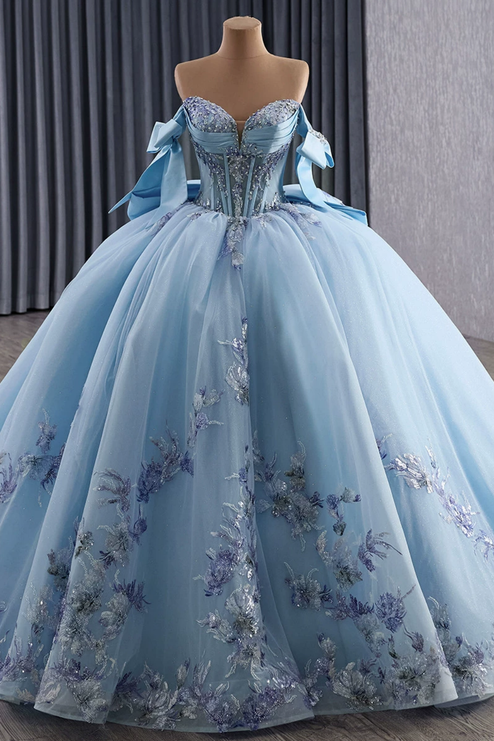 Off Shoulder Sleeveless Beaded Sequins Appliques Bow Knot Blue Quinceañera Dress YQ1185