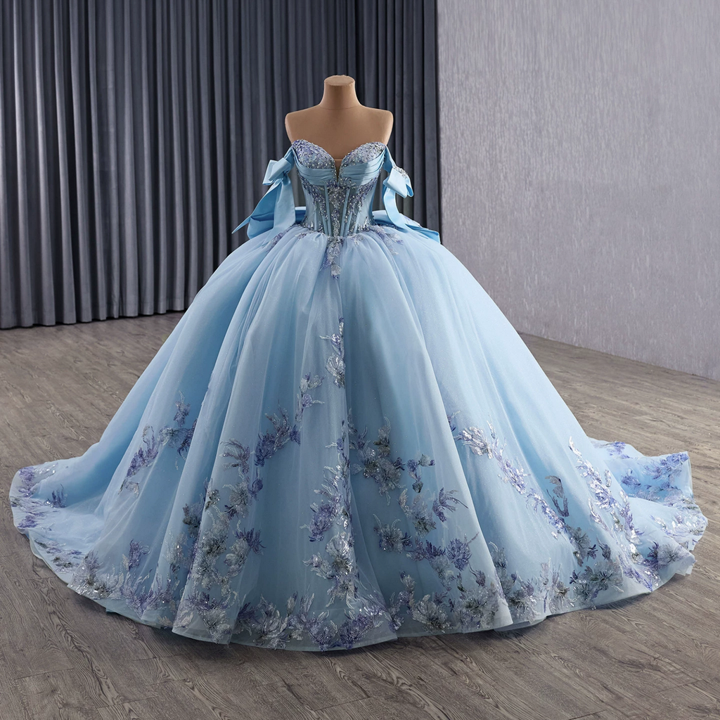 Off Shoulder Sleeveless Beaded Sequins Appliques Bow Knot Blue Quinceañera Dress YQ1185