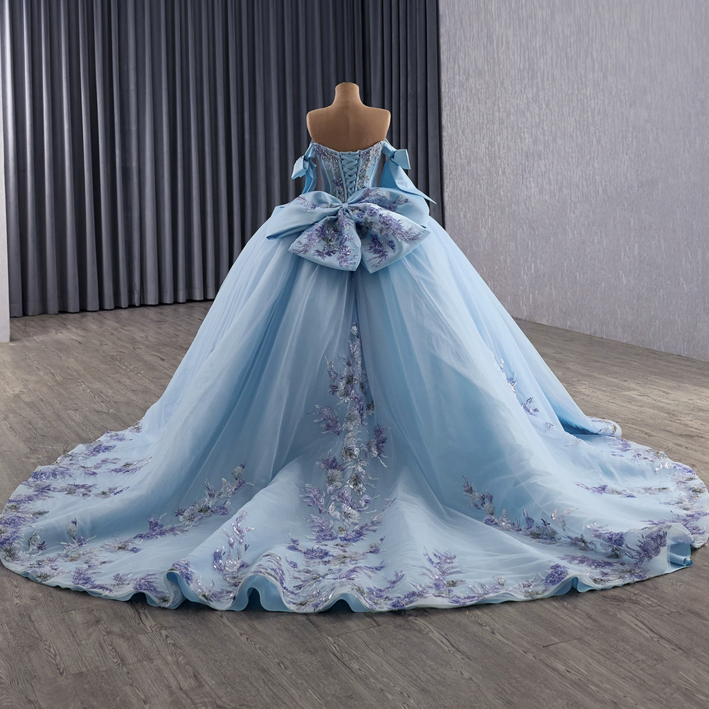 Off Shoulder Sleeveless Beaded Sequins Appliques Bow Knot Blue Quinceañera Dress YQ1185