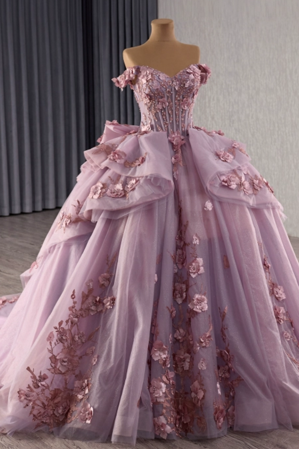 Vestido de Quinceañera Azul Marino con Lentejuelas, Apliques de Cuentas, Brillos y Escote Bardot YQ1055