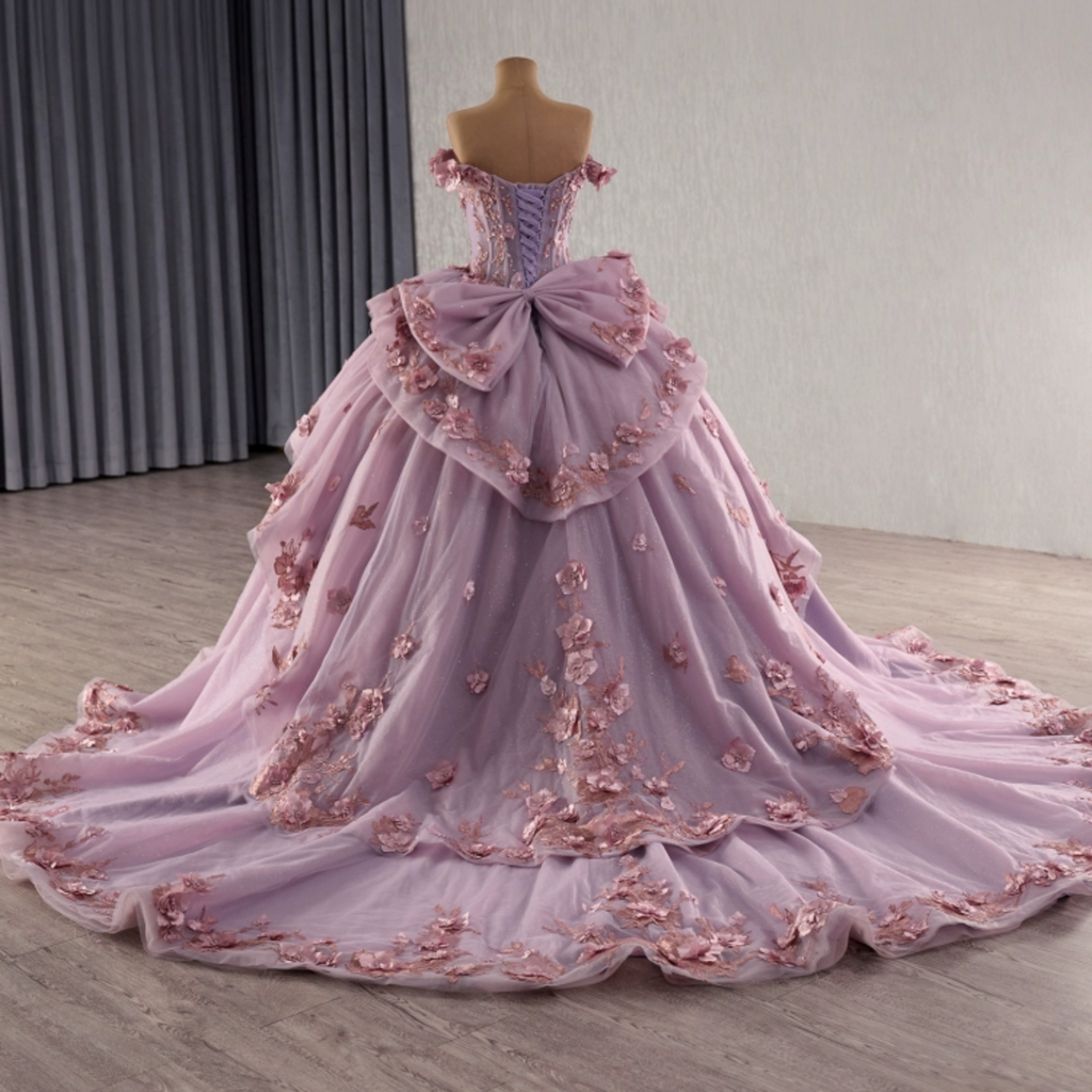 Vestido de Quinceañera Azul Marino con Lentejuelas, Apliques de Cuentas, Brillos y Escote Bardot YQ1055