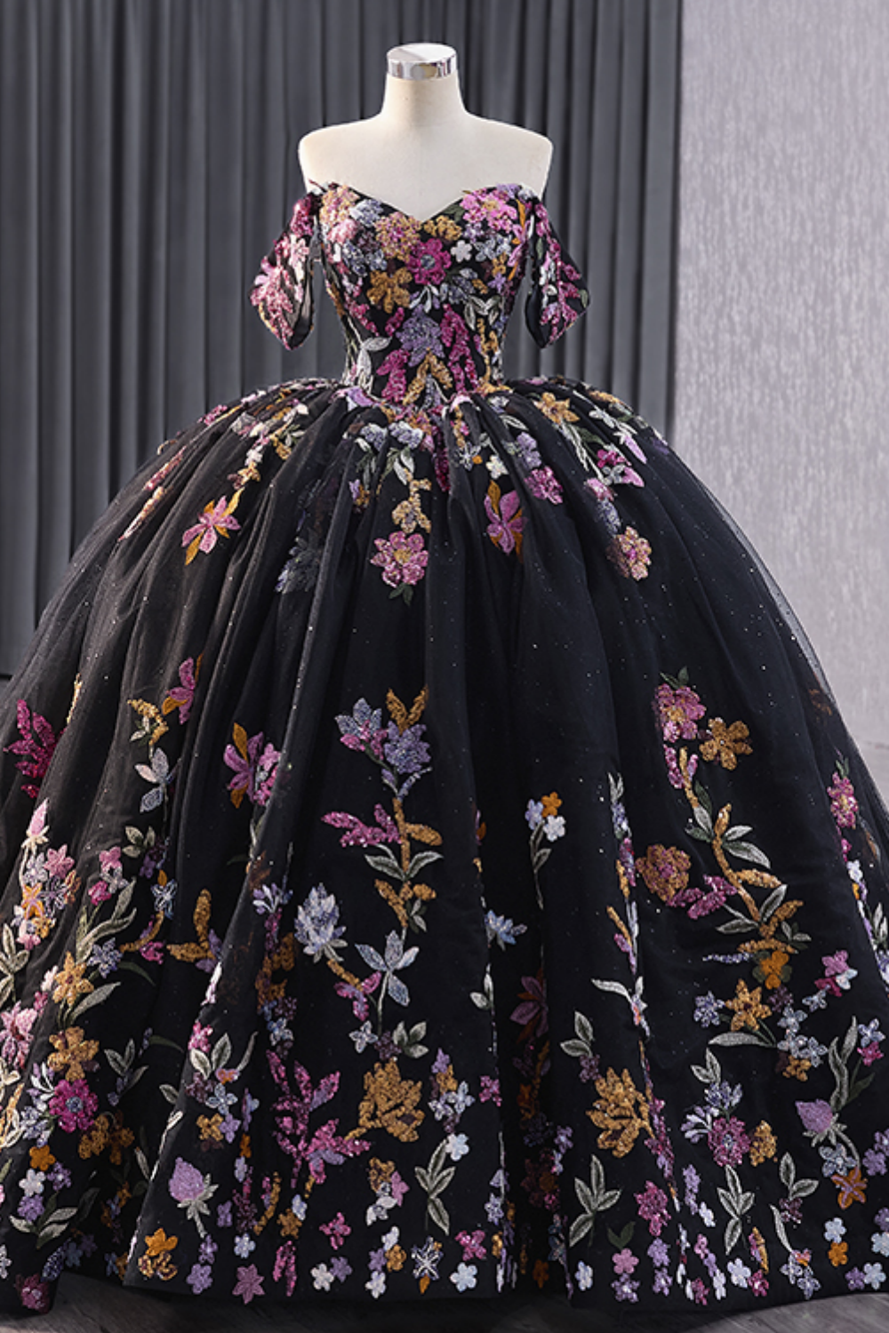 Off Shoulder Sleeveless Colorful Sequins Appliques Black Quinceañera Dress YQ1188