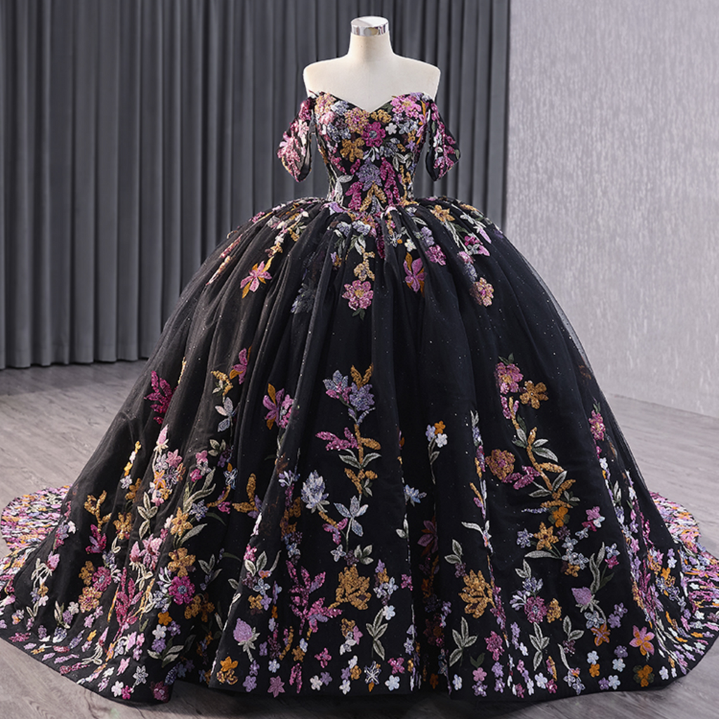 Off Shoulder Sleeveless Colorful Sequins Appliques Black Quinceañera Dress YQ1188