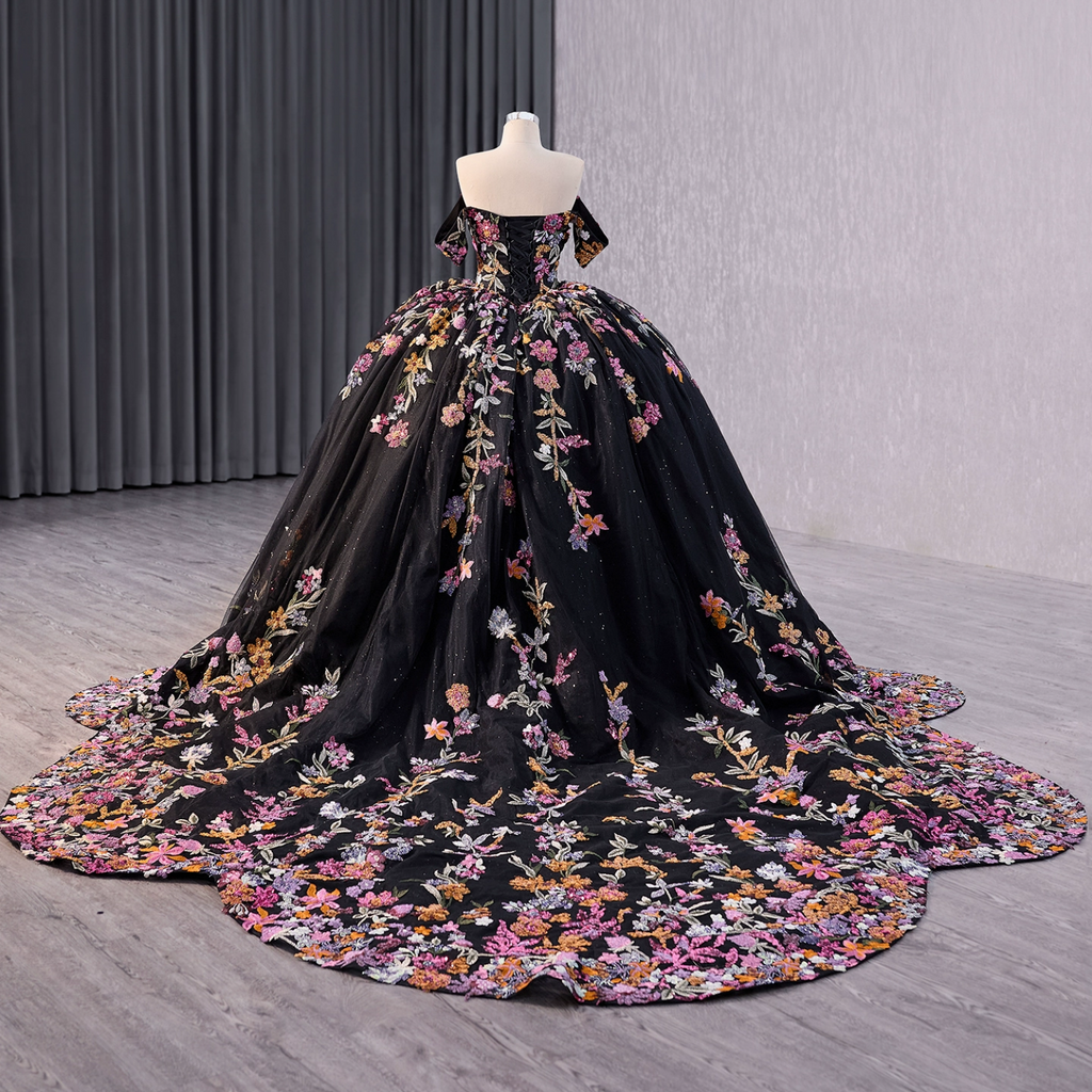 Off Shoulder Sleeveless Colorful Sequins Appliques Black Quinceañera Dress YQ1188