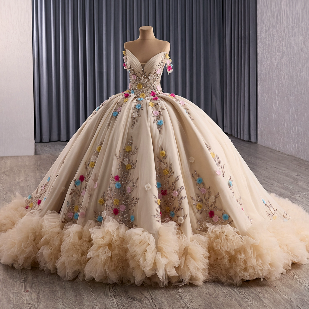 Off Shoulder Sleeveless Pleated Sequins Appliques Ruffles Quinceañera Dress YQ1189