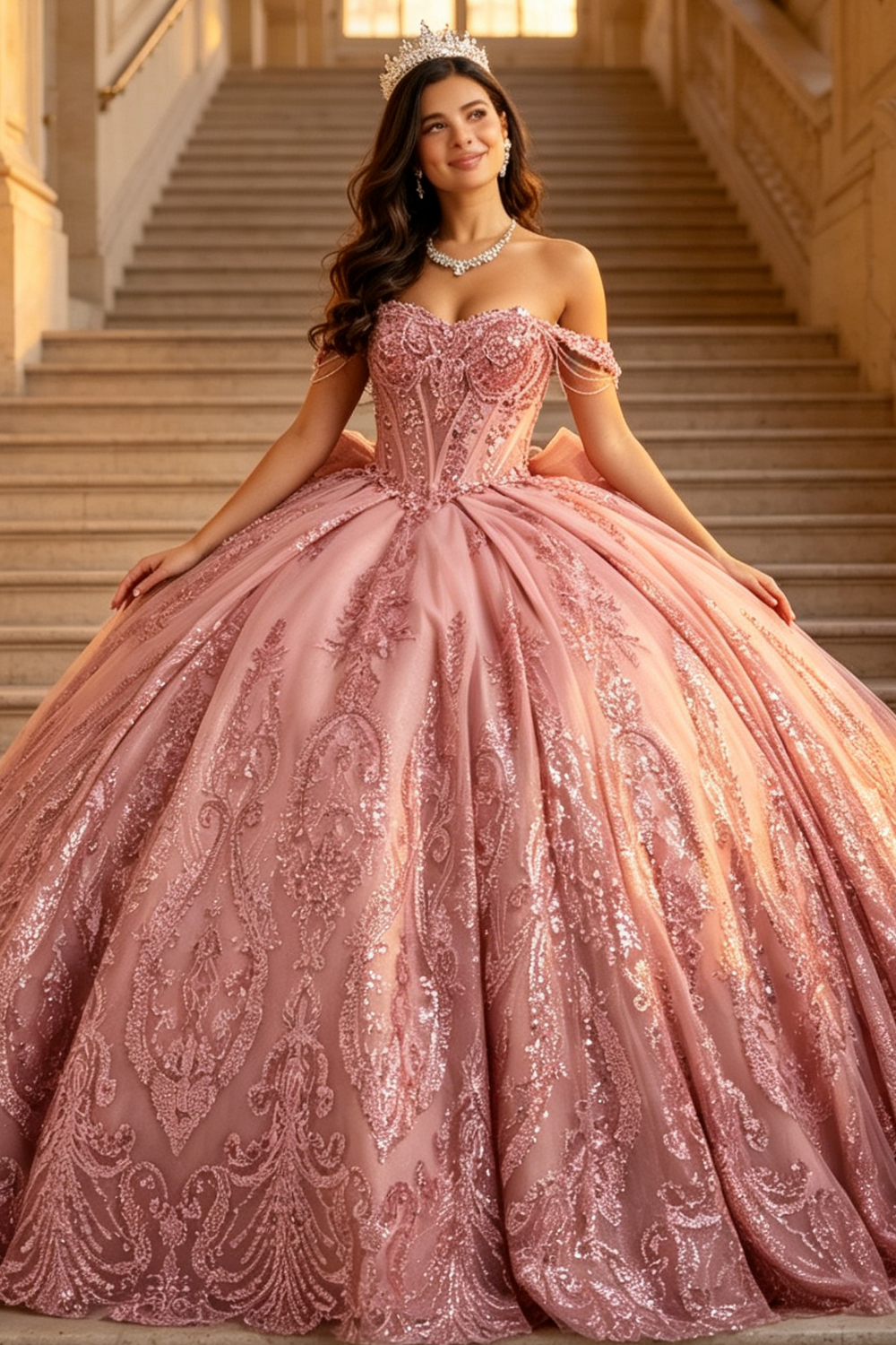 Off Shoulder Sleeveless Beaded Glitter Appliques Bow Knot Pink Quinceañera Dress YQ1191