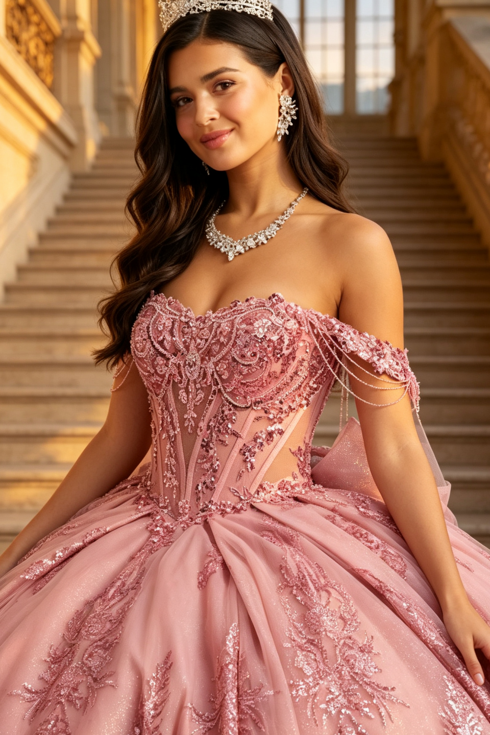 Off Shoulder Sleeveless Beaded Glitter Appliques Bow Knot Pink Quinceañera Dress YQ1191