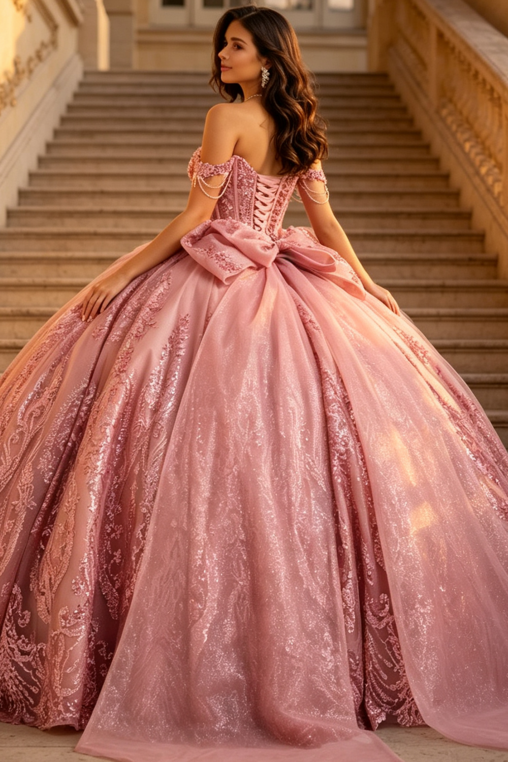 Off Shoulder Sleeveless Beaded Glitter Appliques Bow Knot Pink Quinceañera Dress YQ1191