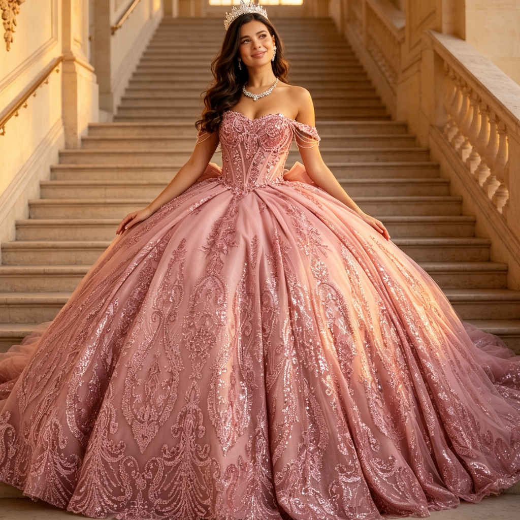 Off Shoulder Sleeveless Beaded Glitter Appliques Bow Knot Pink Quinceañera Dress YQ1191