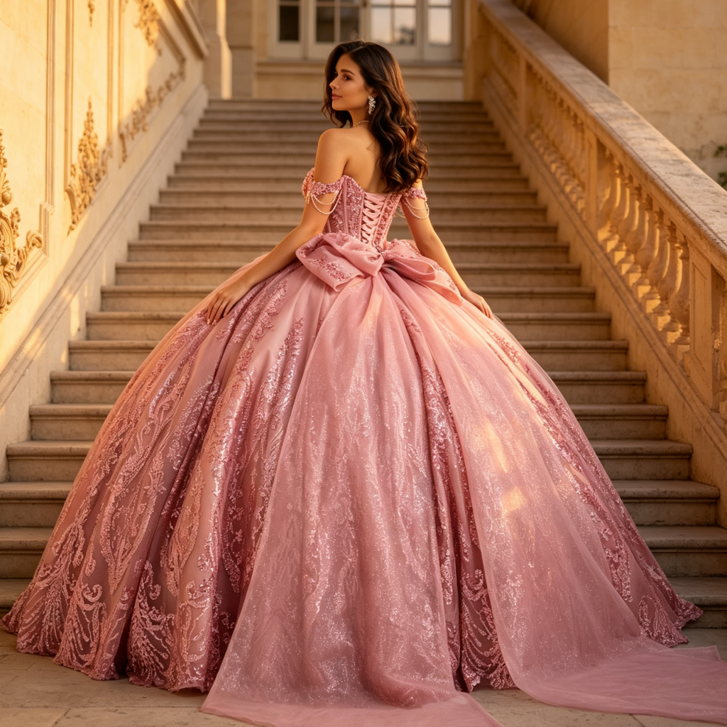 Off Shoulder Sleeveless Beaded Glitter Appliques Bow Knot Pink Quinceañera Dress YQ1191