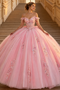 Off Shoulder Sleeveless Bow Knot Beaded Appliques Pink Quinceañera Dress YQ1192