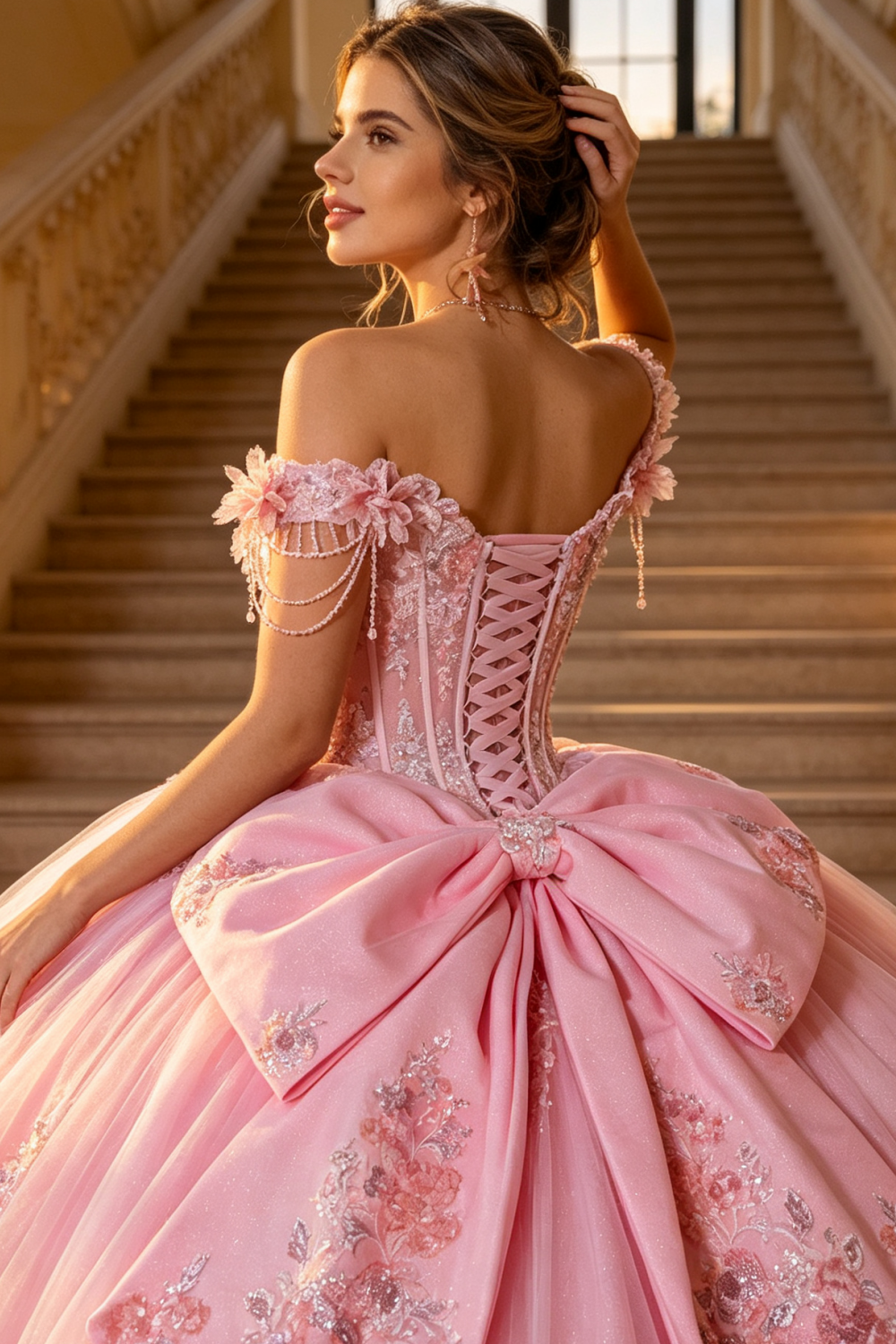 Off Shoulder Sleeveless Bow Knot Beaded Appliques Pink Quinceañera Dress YQ1192