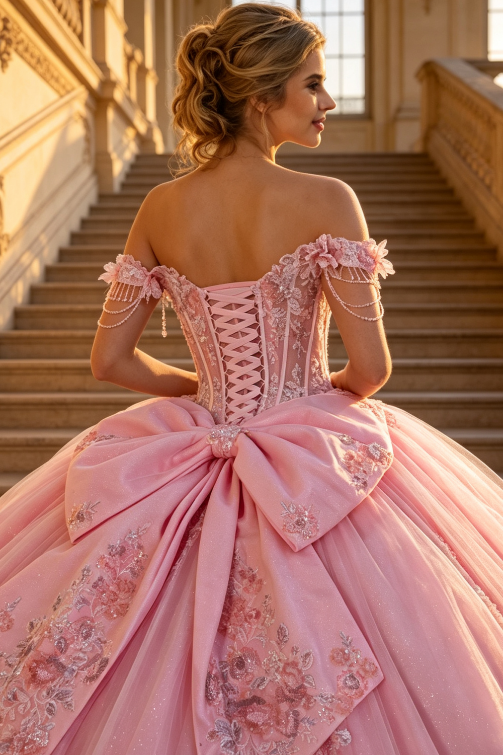 Off Shoulder Sleeveless Bow Knot Beaded Appliques Pink Quinceañera Dress YQ1192