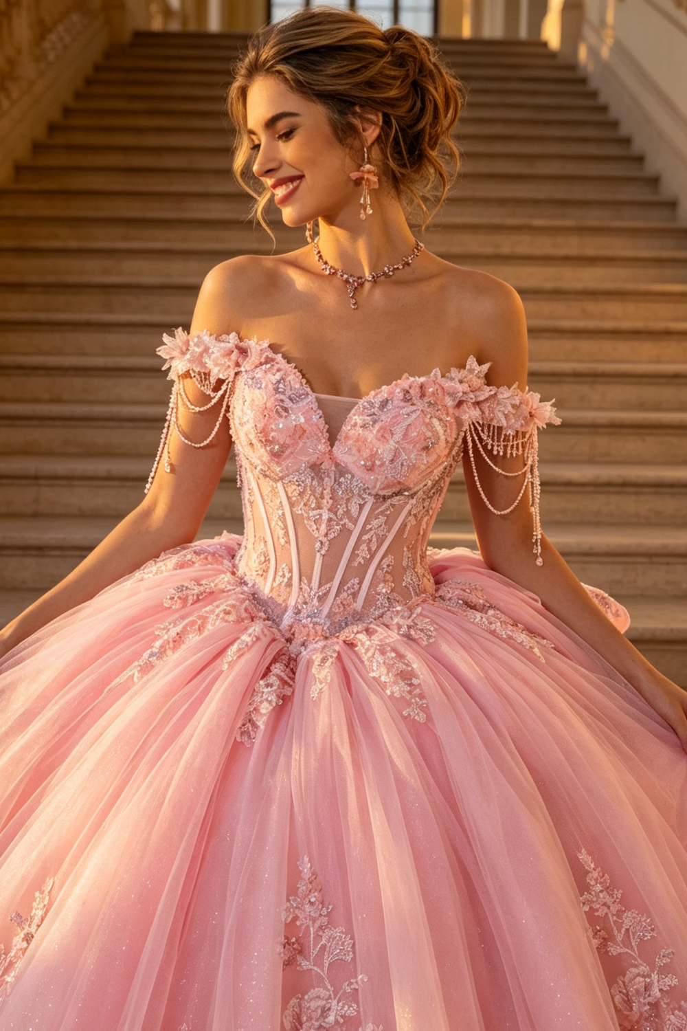 Off Shoulder Sleeveless Bow Knot Beaded Appliques Pink Quinceañera Dress YQ1192