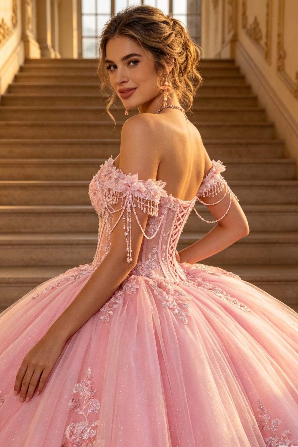 Off Shoulder Sleeveless Bow Knot Beaded Appliques Pink Quinceañera Dress YQ1192