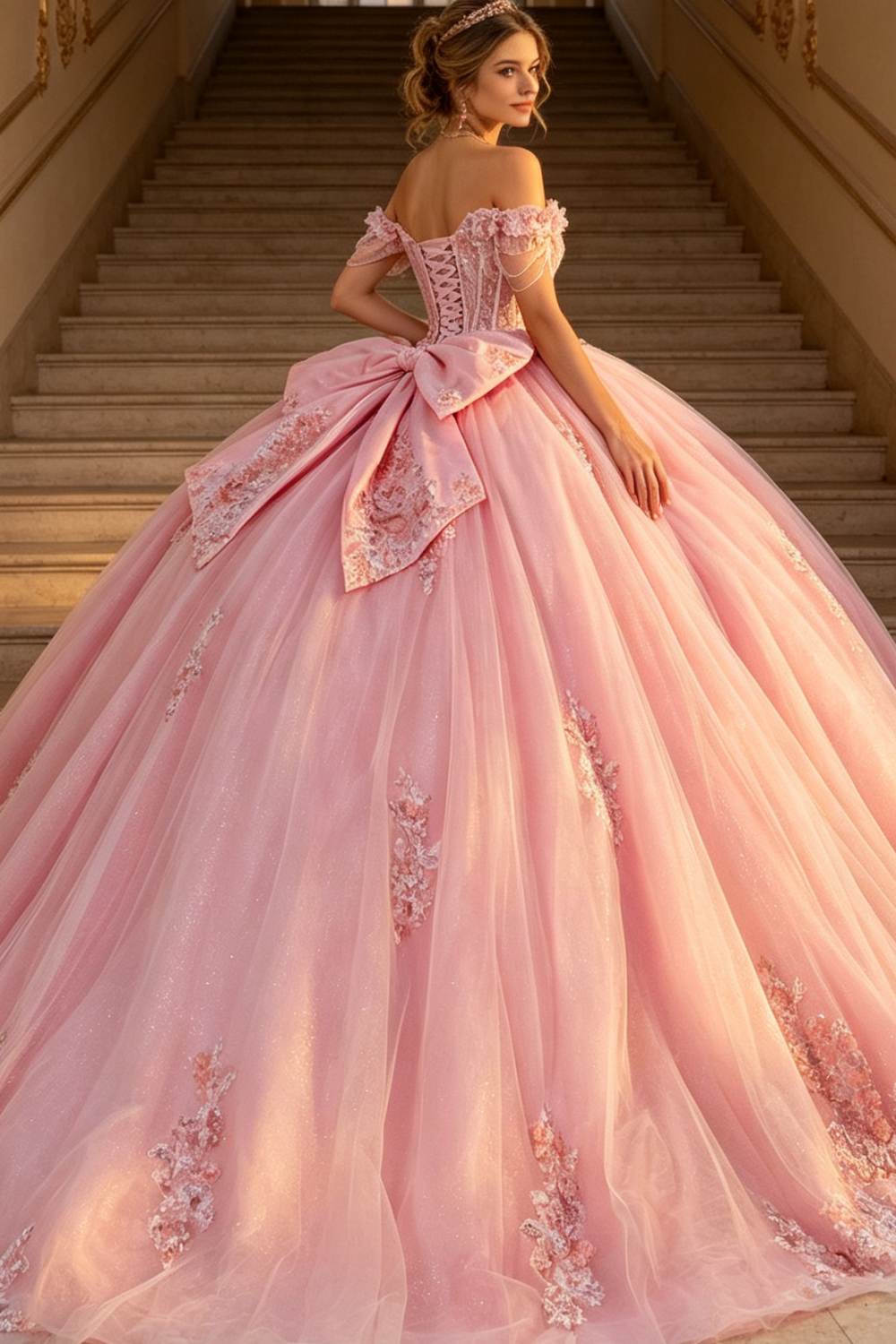 Off Shoulder Sleeveless Bow Knot Beaded Appliques Pink Quinceañera Dress YQ1192