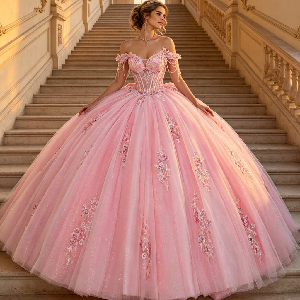 Off Shoulder Sleeveless Bow Knot Beaded Appliques Pink Quinceañera Dress YQ1192