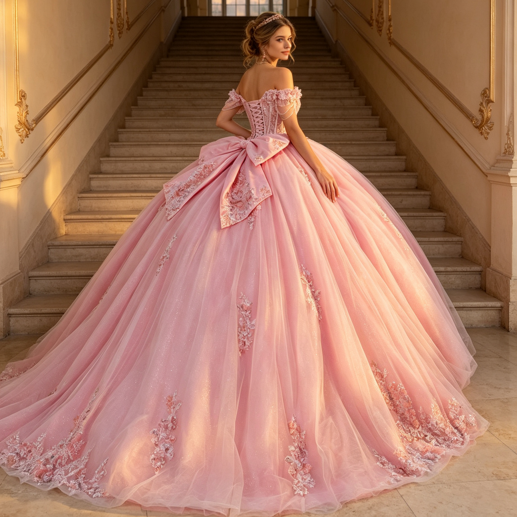 Off Shoulder Sleeveless Bow Knot Beaded Appliques Pink Quinceañera Dress YQ1192