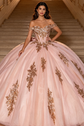 Off Shoulder Sleeveless Beaded Appliques Bow Knot Pink Quinceañera Dress YQ1193