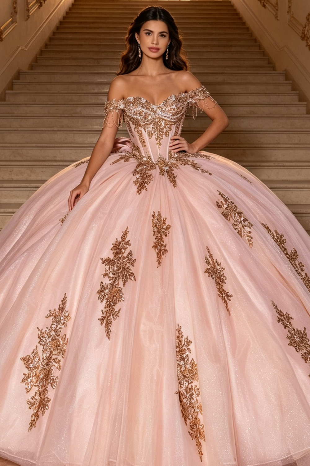 Off Shoulder Sleeveless Beaded Appliques Bow Knot Pink Quinceañera Dress YQ1193